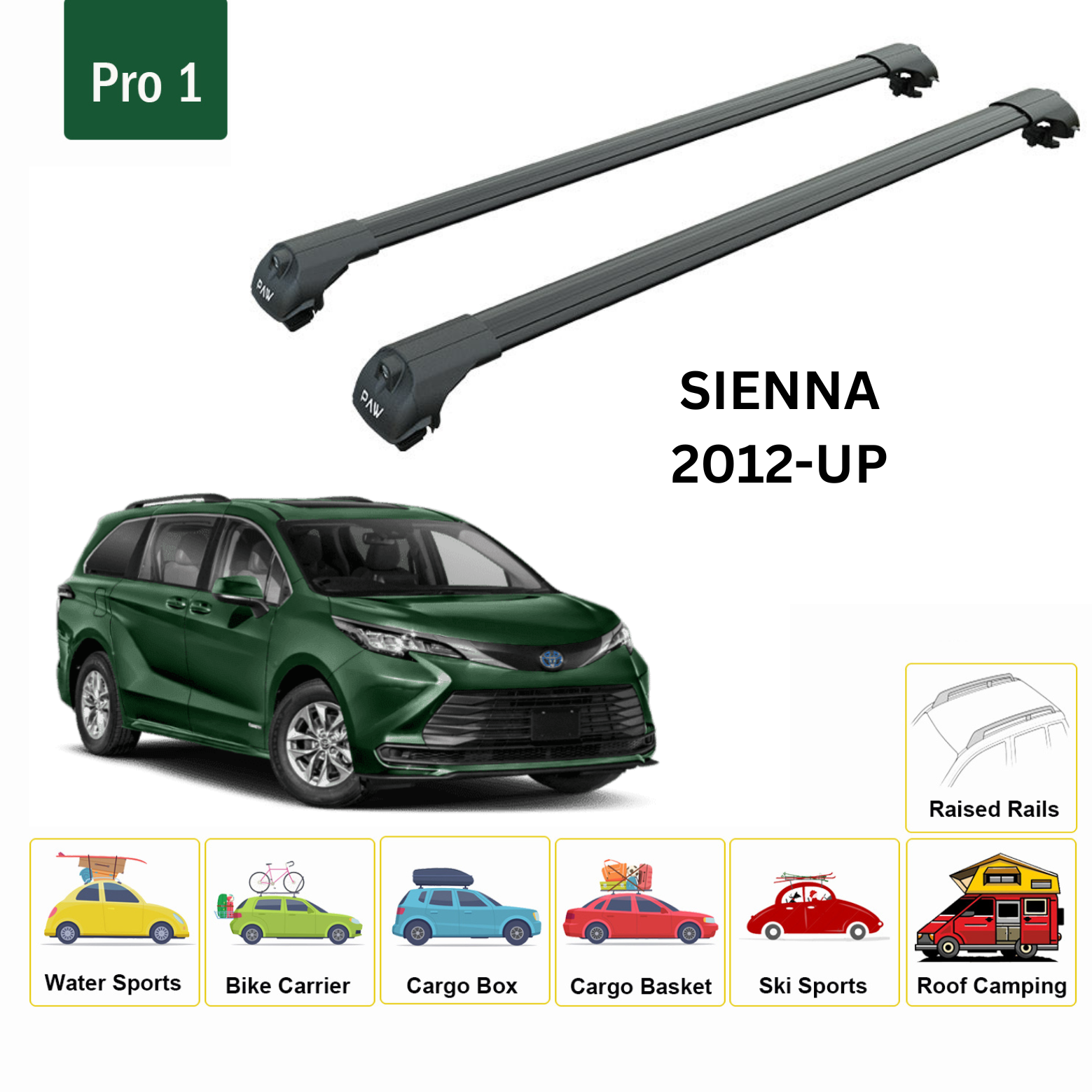 For Toyota Sienna 2012-Up Roof Rack Cross Bars Metal Bracket Raised Rail Alu Black-2