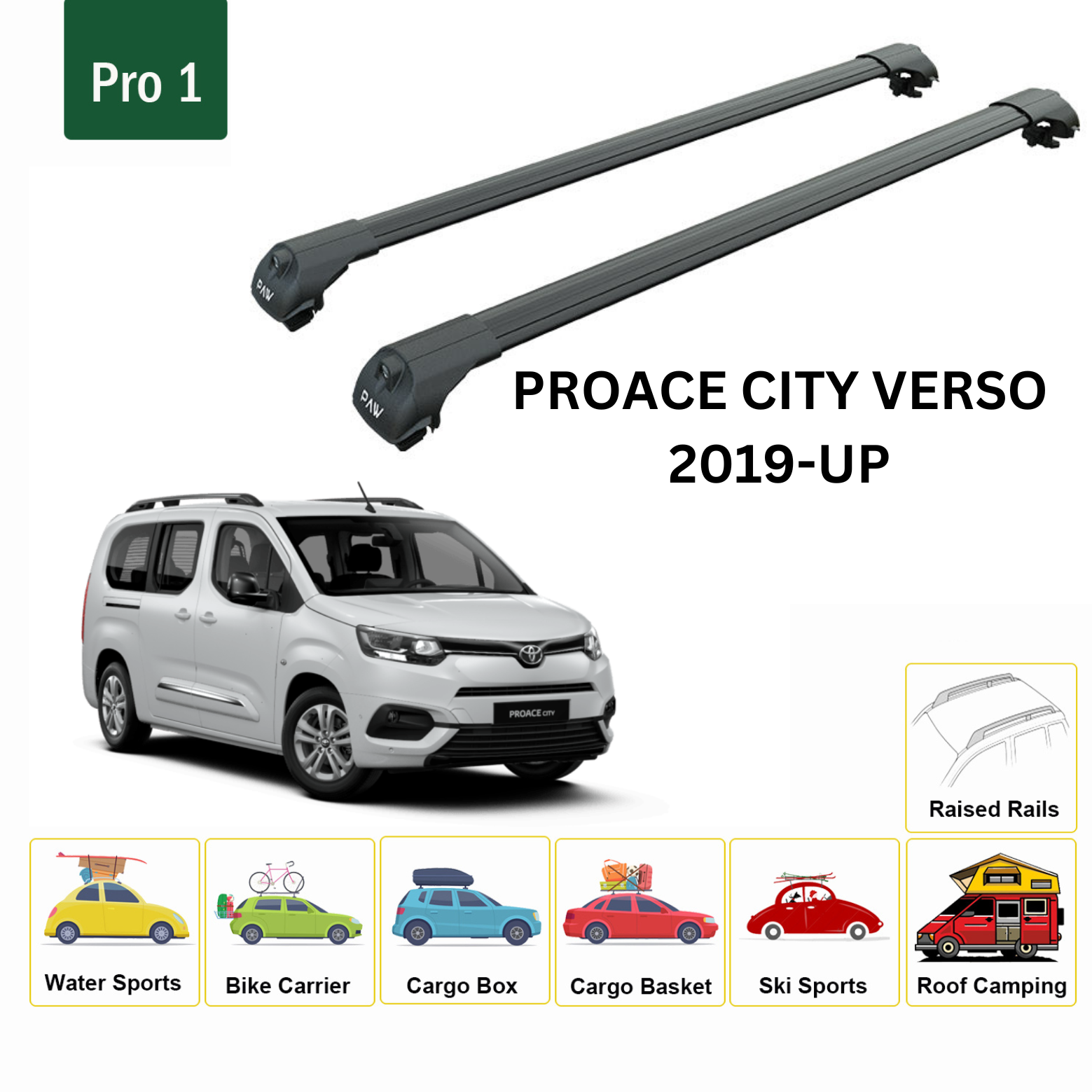 For Toyota Proace City Verso 2019-Up Roof Rack Cross Bars Metal Bracket Raised Rail Alu Black - 0