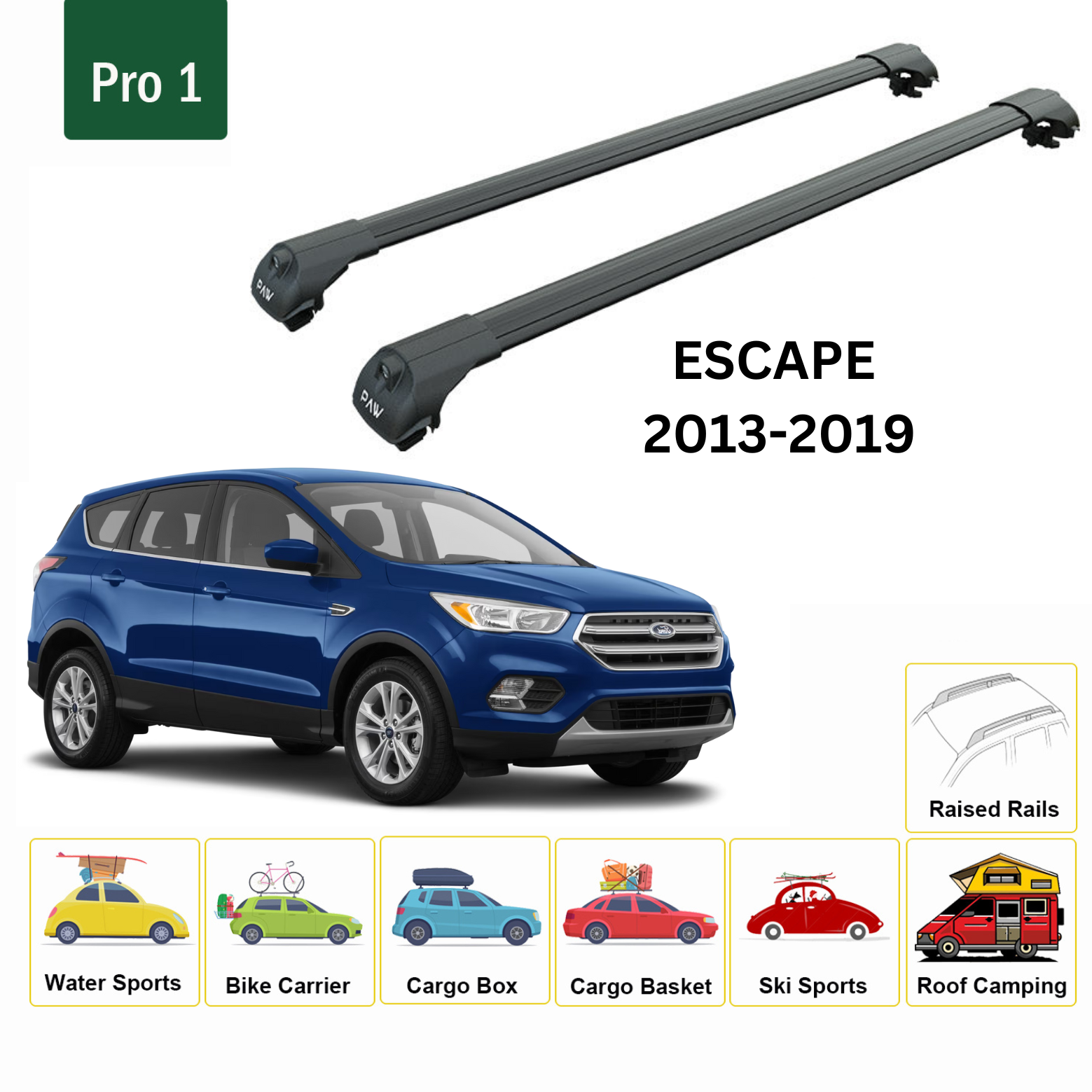 For Ford Escape (C5) 2013-2019 Roof Side Rails and Roof Rack Cross Bars Alu Black