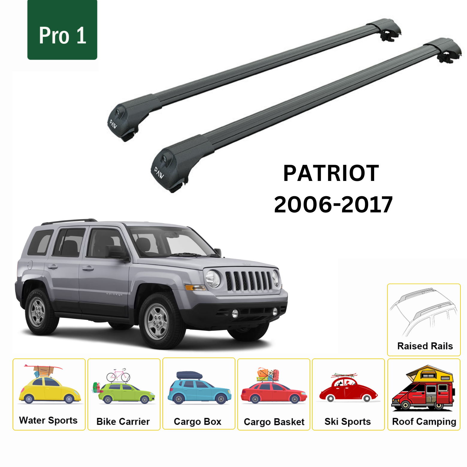 For Jeep Patriot 2006-2017 Roof Rack Cross Bar Raised Rail Alu Black