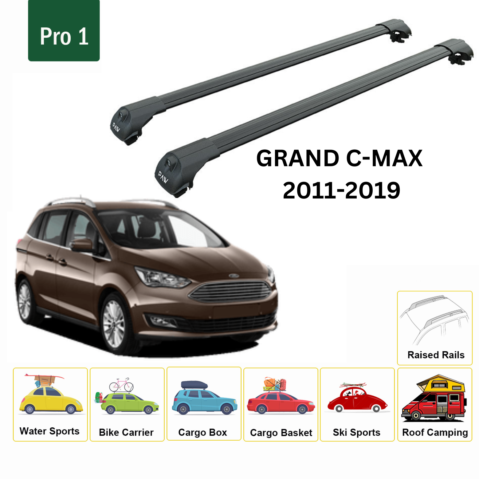 For Ford Grand C-Max (DXA) 2011-19 Roof Rack Cross Bars Raised Rail Alu Black - 0