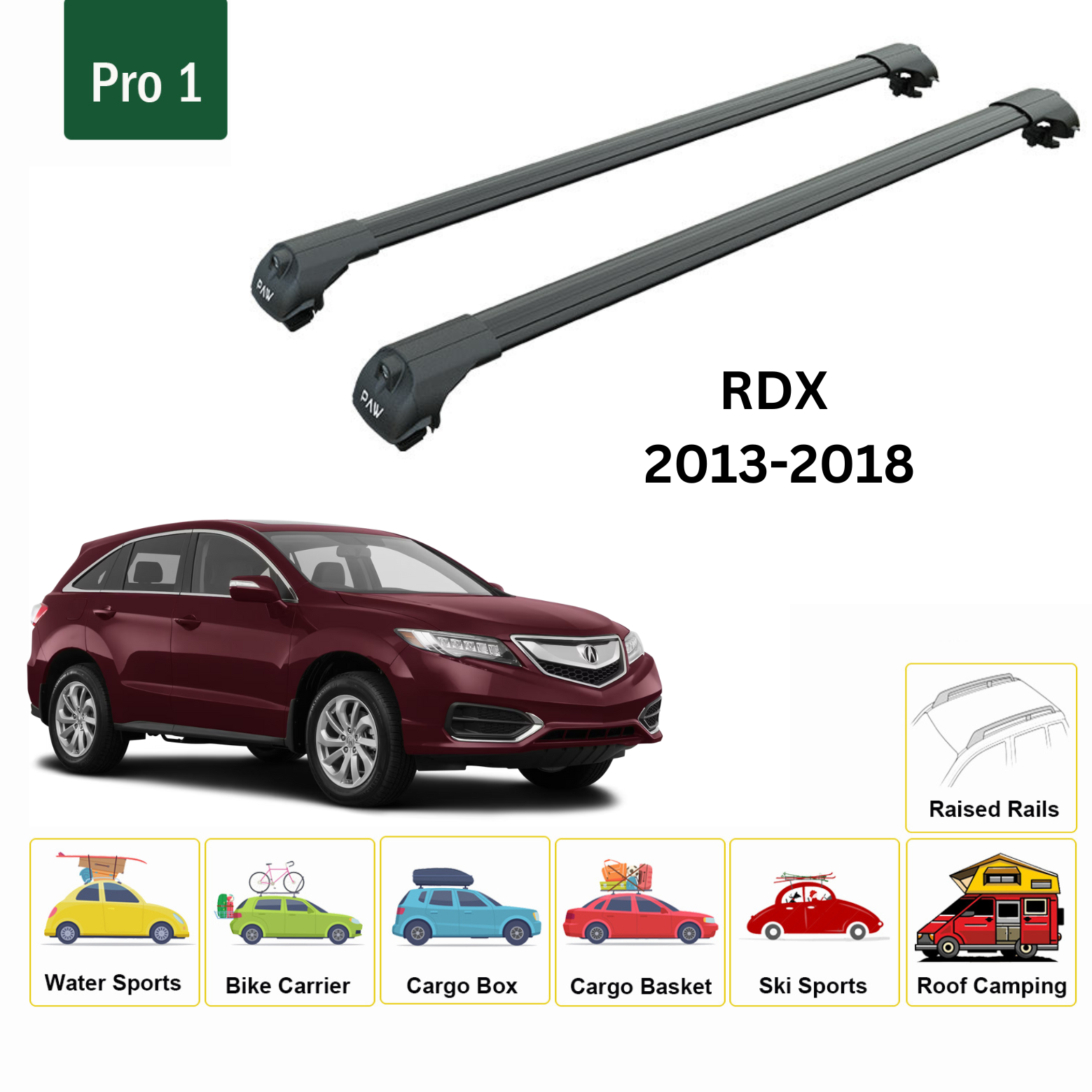 For Acura RDX 2006-Up Roof Rack Cross Bars Metal Bracket Raised Rail Alu Black
