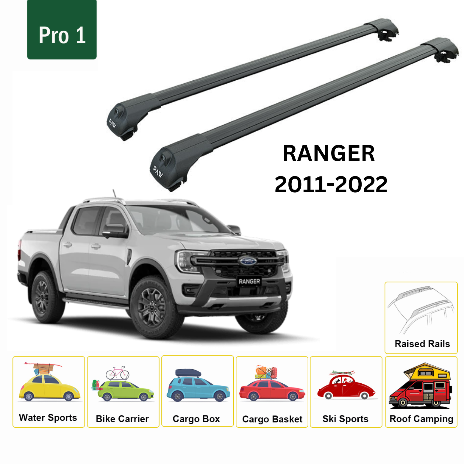 For Ford Ranger 2011-22 Roof Rack Cross Bars Metal Bracket Raised Rail Alu Black-2