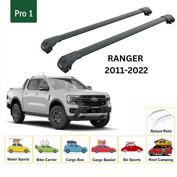 For Ford Ranger 2011-2022 Roof Rack Cross Bars Raised Rail Black