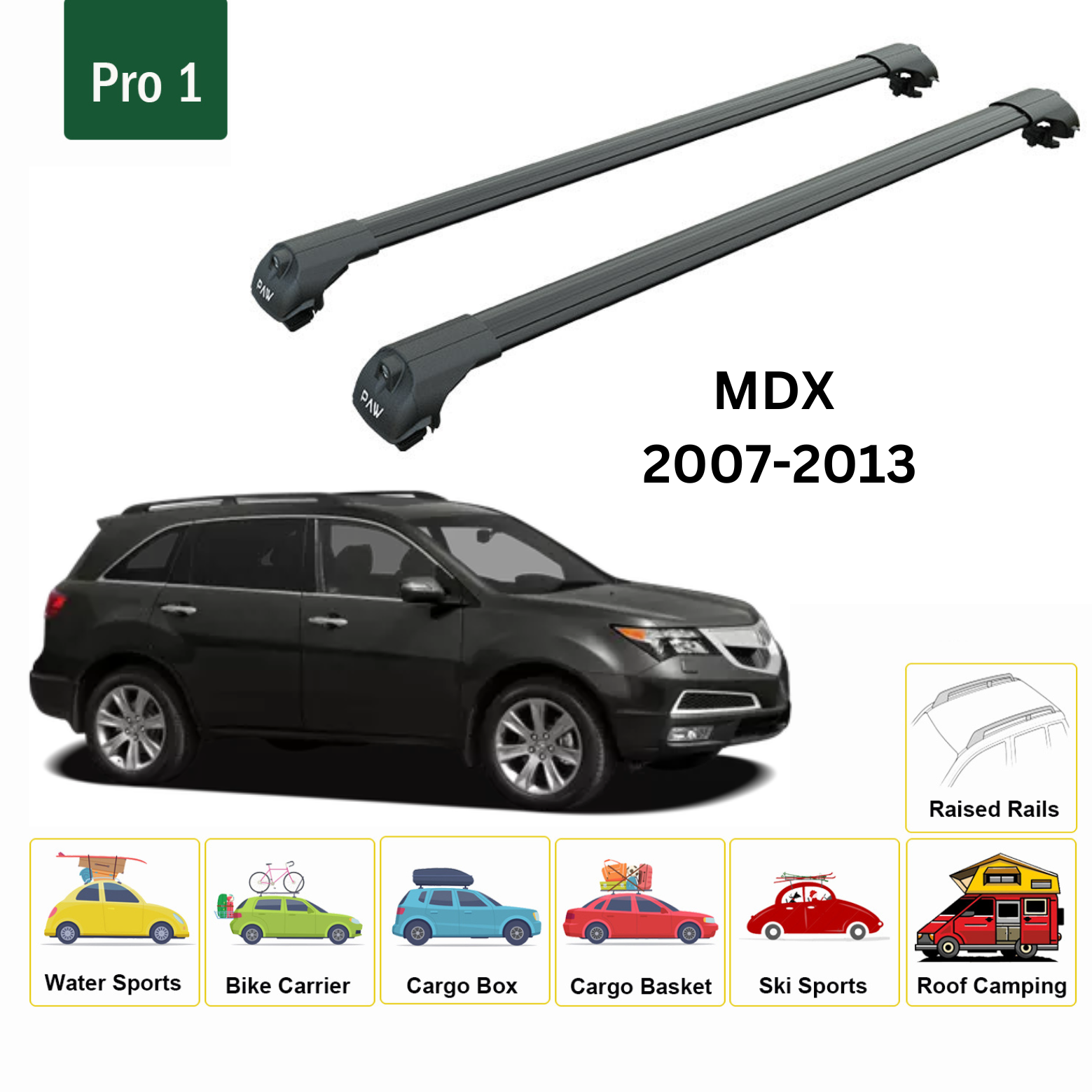 For Acura MDX 2007-13 Roof Rack Cross Bars Metal Bracket Raised Rail Alu Black - 0