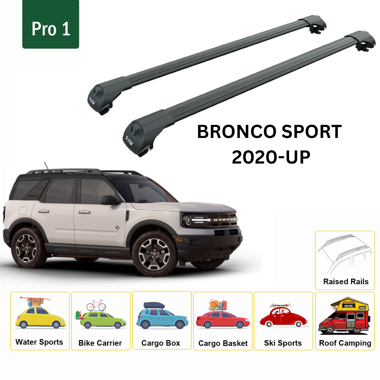 For Ford Bronco Sport 5dr and 3dr 2020-Up Roof Rack Cross Bars Raised Rail Alu Black