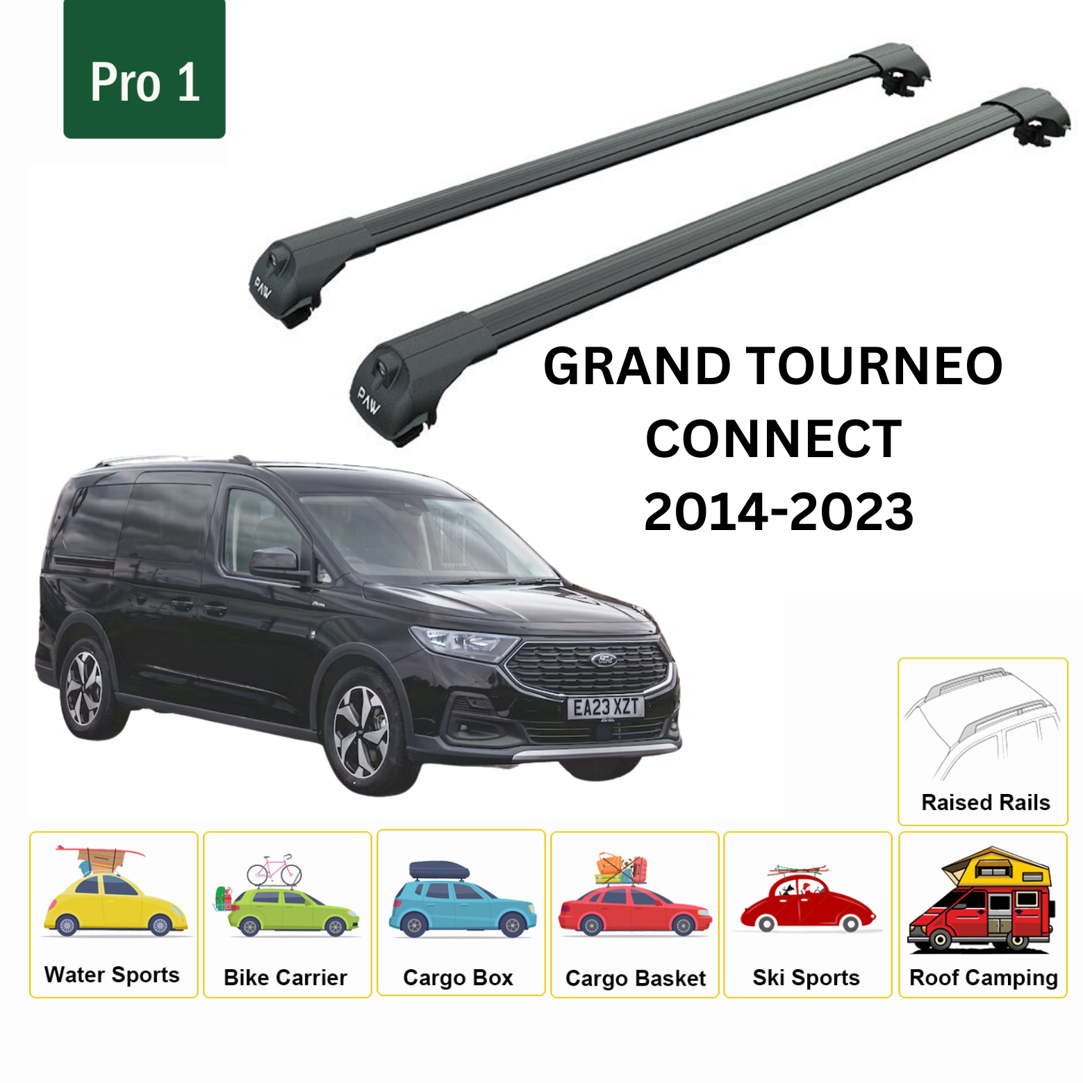 For Ford Grand Tourneo Connect 2013-Up Roof Rack Cross Bars Metal Bracket Raised Rail Alu Black-2