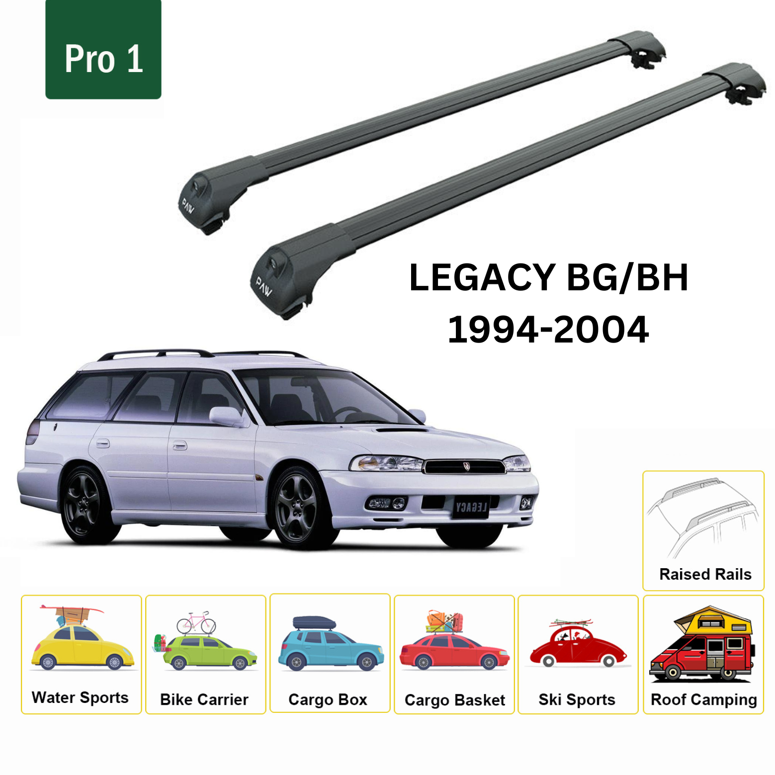 For Subaru Legacy Estate BH-BG 1994-04 Roof Rack Carrier Cross Bars Metal Bracket Raised Rail Alu Black