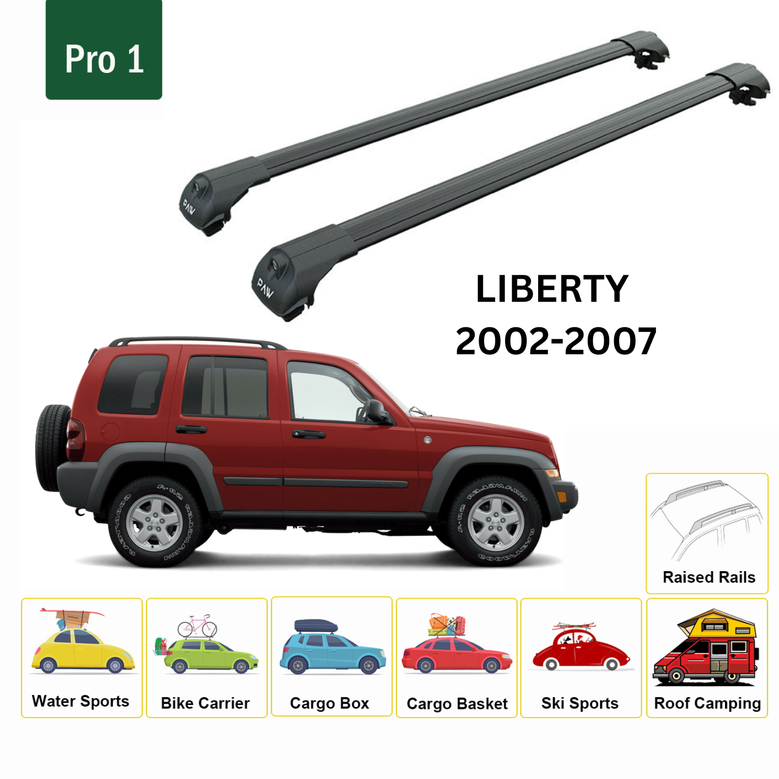 For Jeep Liberty 2002-07 Roof Rack Cross Bars Raised Rail Alu Black