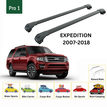 For Ford Expedition U324 (2007-2018) Roof Rack Cross Bars Raised Rail Alu Black - 0
