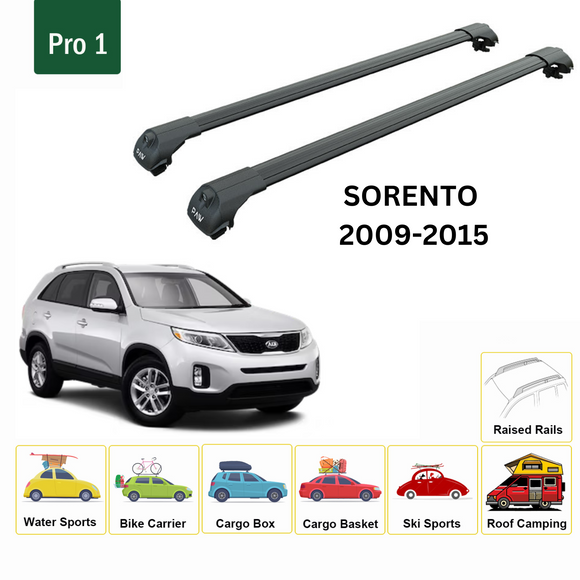 For Kia Sorento 2009-2015 Roof Rack Cross Bars Raised Rail Alu Black