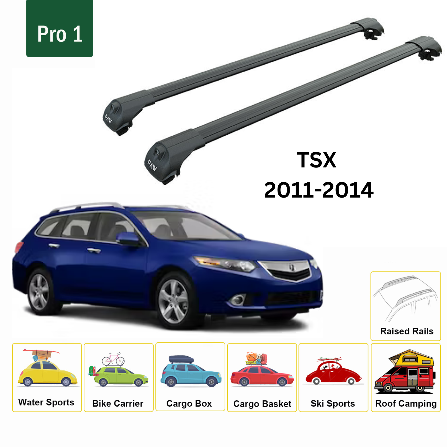 Für Acura TSX Sportwagon 2011–14, Dachträger, Querträger, Metallhalterung, erhöhte Schiene, Alu, Schwarz