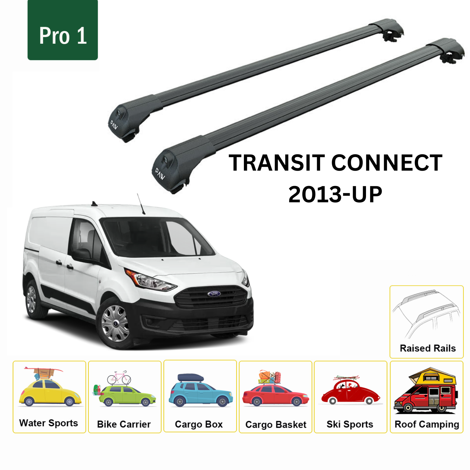 Für Ford Transit Connect 2013-Up Dachträgersystem, Aluminium-Querstange, Metallhalterung, abschließbar, Schwarz