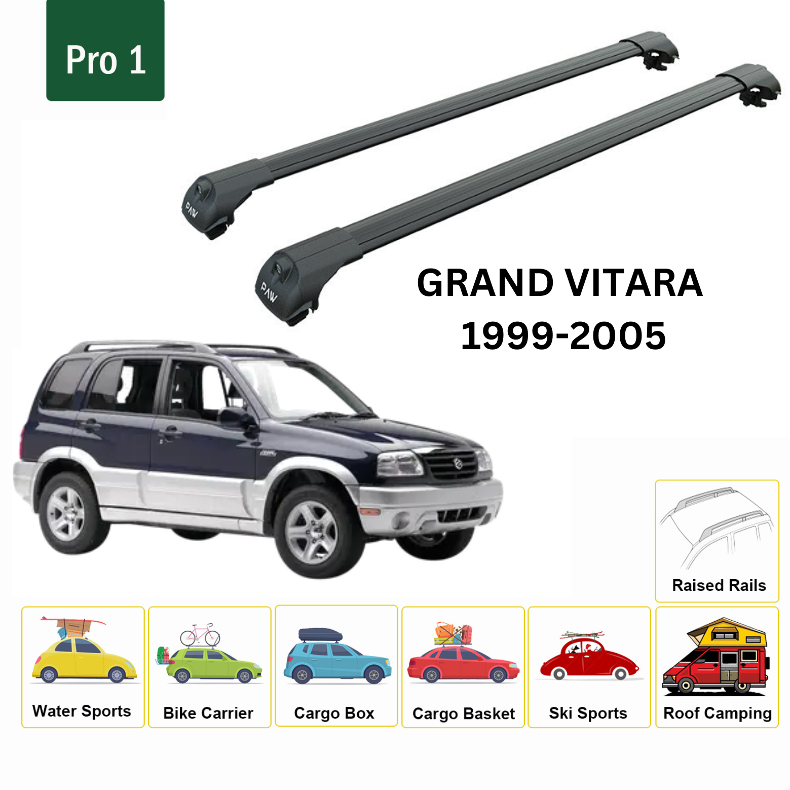 For Suzuki Grand Vitara 1999-2005 Roof Rack Cross Bars Metal Bracket Raised Rail Alu Black