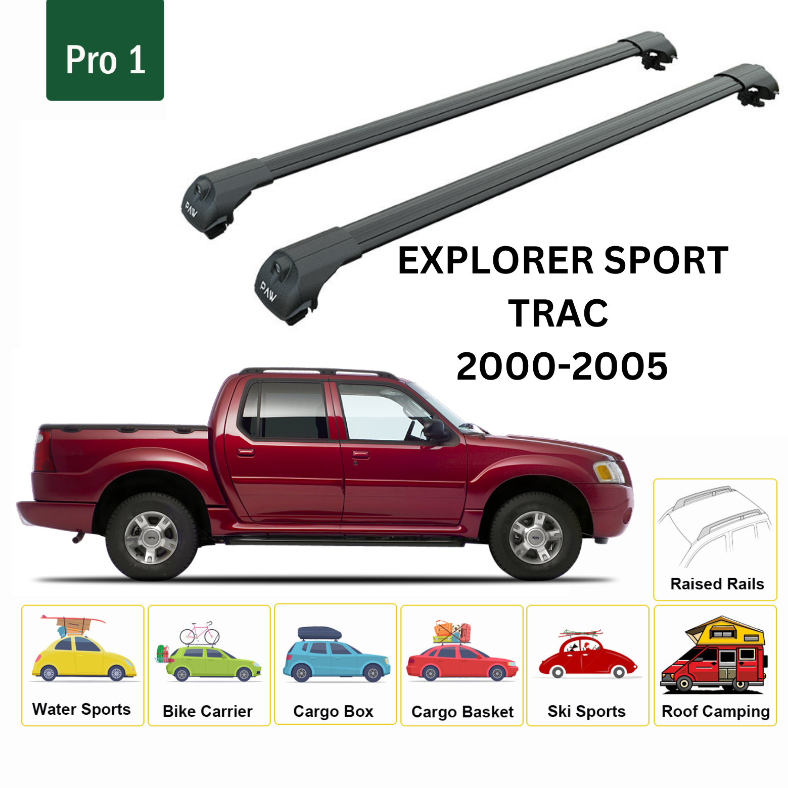 For Ford Explorer Sport Trac 2000-05 Roof Rack Cross Bars Metal Bracket Raised Rail Alu Black-2