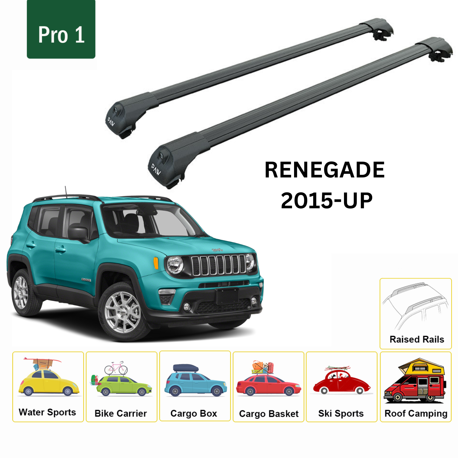For Jeep Renegade 2015-Up Roof Rack Cross Bars Raised Rail Alu Black