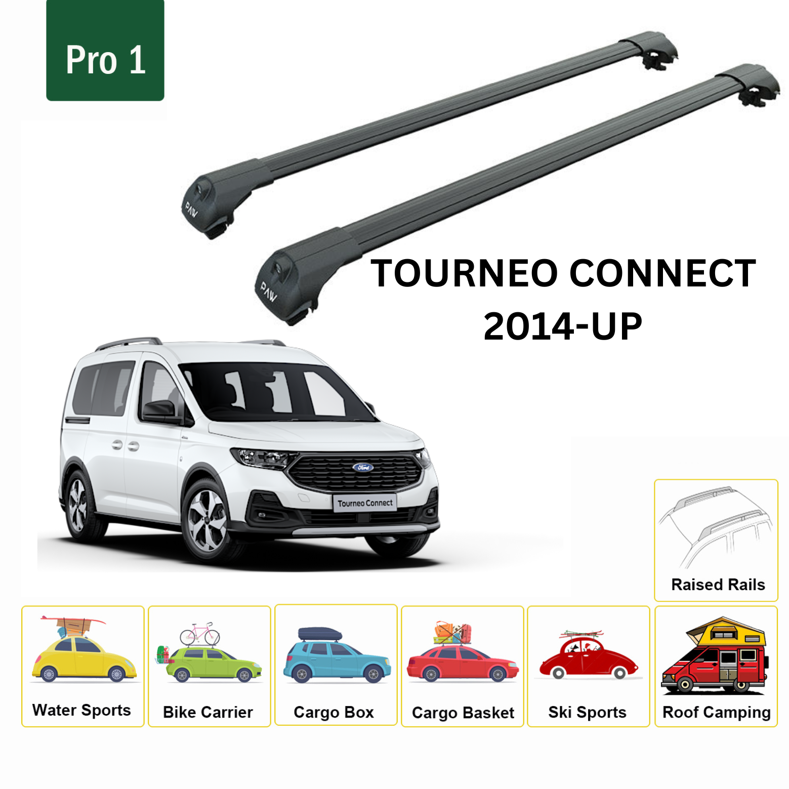 For Ford Tourneo Connect LWB 2014-Up Roof Rack Cross Bars Metal Bracket Raised Rail Alu Black