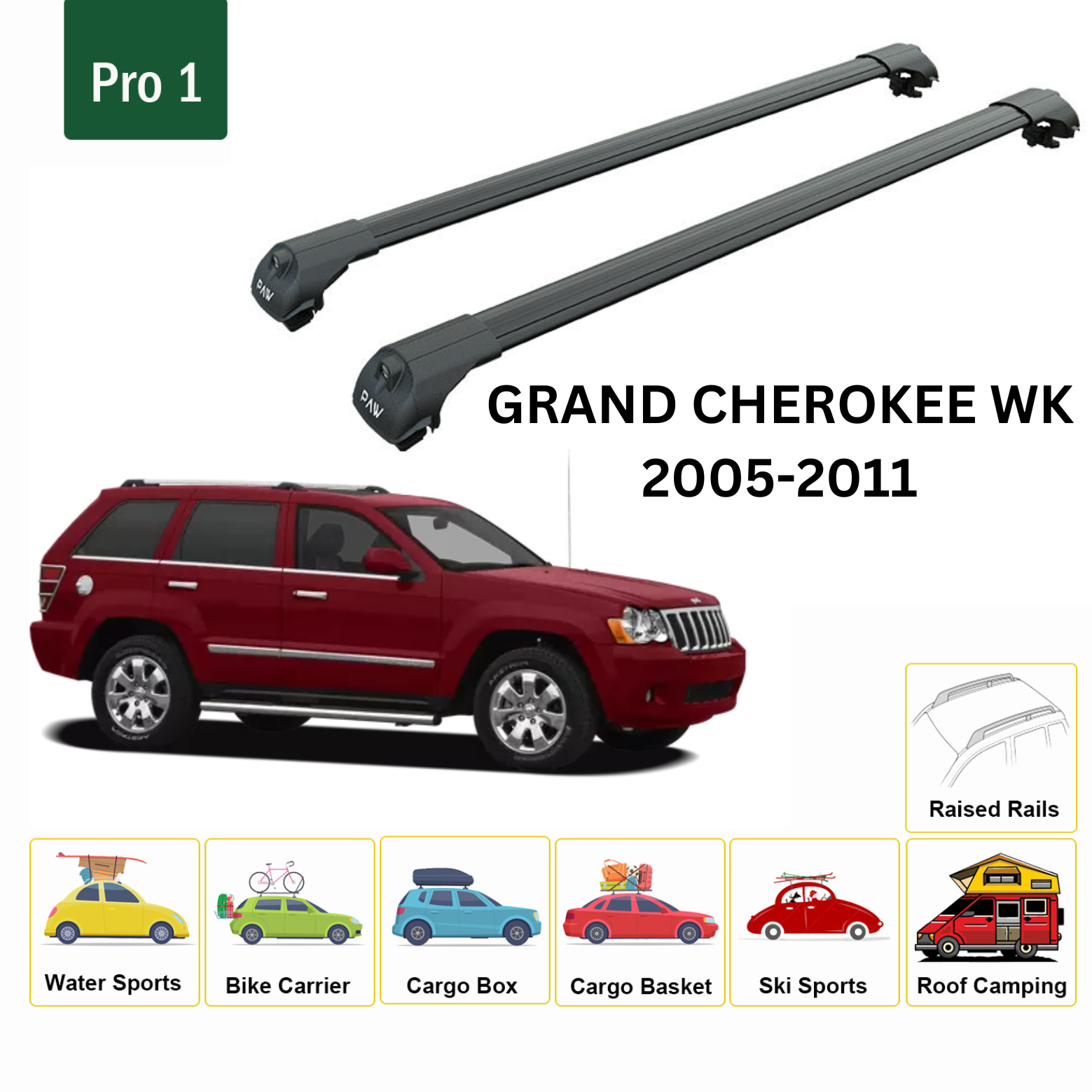 For Jeep  Grand Cherokee WK 2005-11 Roof Rack Cross Bars Raised Rail Alu Black - 0
