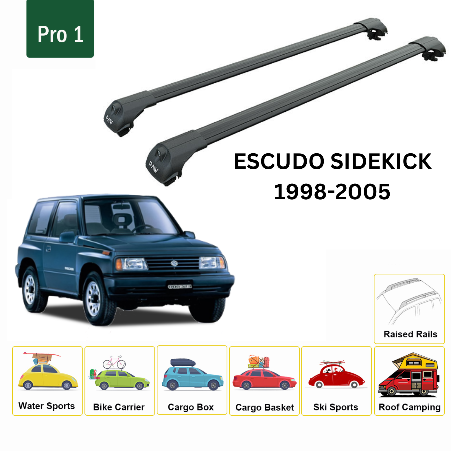 For Suzuki Escudo Sidekick 1998-05 Roof Rack Cross Bars Metal Bracket Raised Rail Alu Black - 0