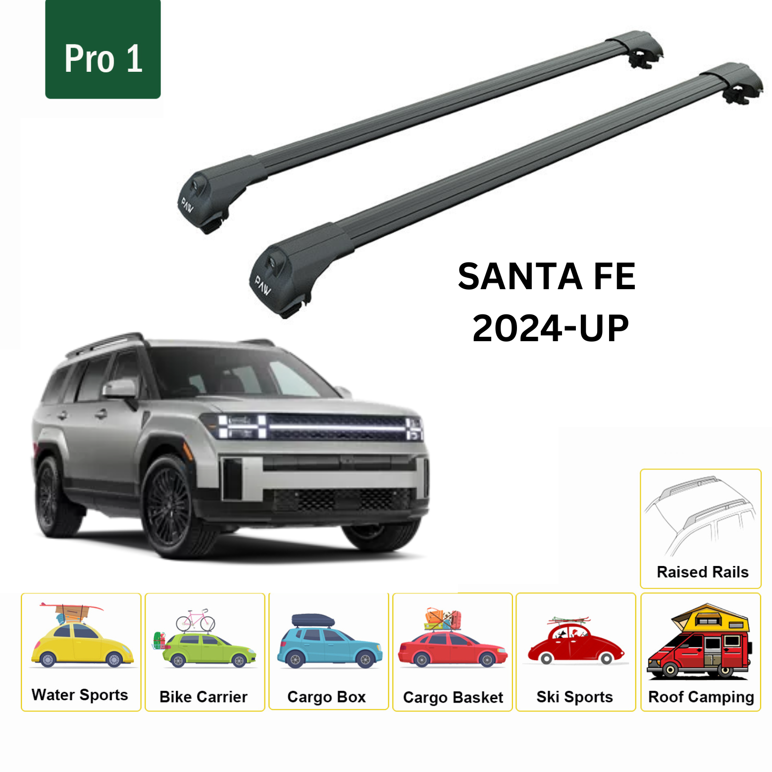 For Hyundai Santa Fe 2024-Up Roof Rack Cross Bars Raised Rail Alu Black