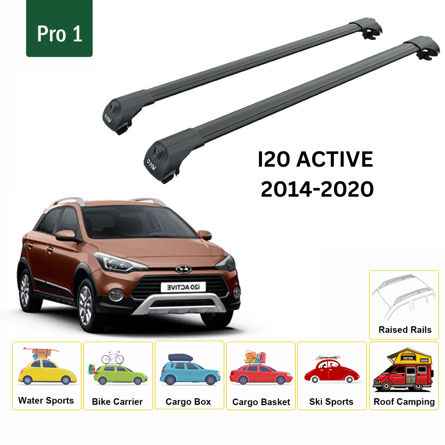 For Hyundai i20 Active 2015-20 Roof Rack Cross Bars Raised Rail Alu Black - 0