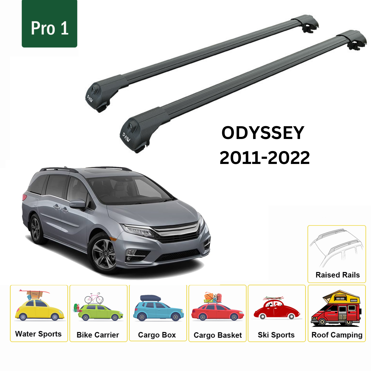 For Honda Odyssey 2011-22 Roof Rack Cross Bars Metal Bracket Raised Rail Alu Black-1