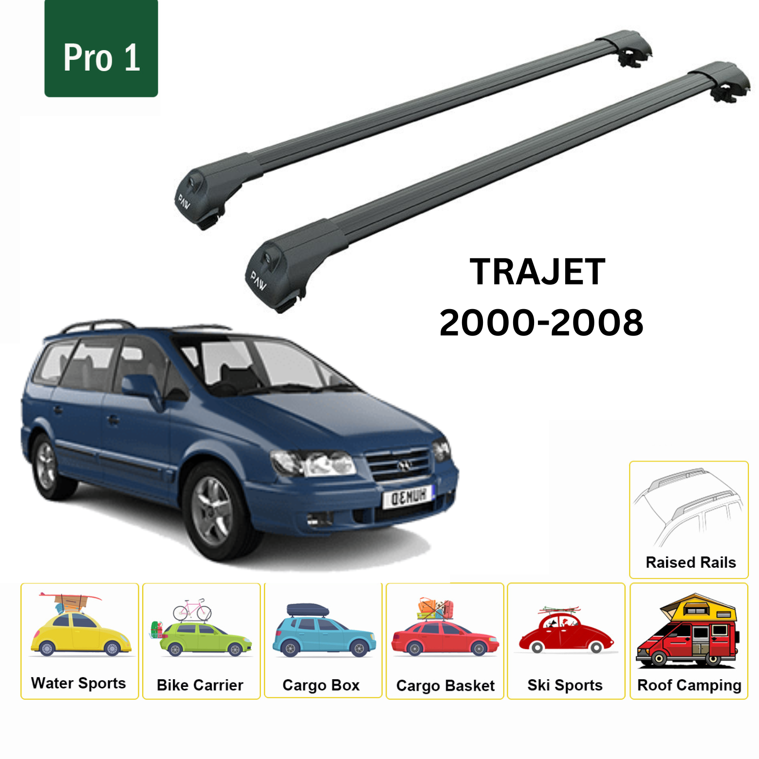 For Hyundai Trajet 2000-08 Roof Rack Cross Bars Raised Rail Alu Silver - 0