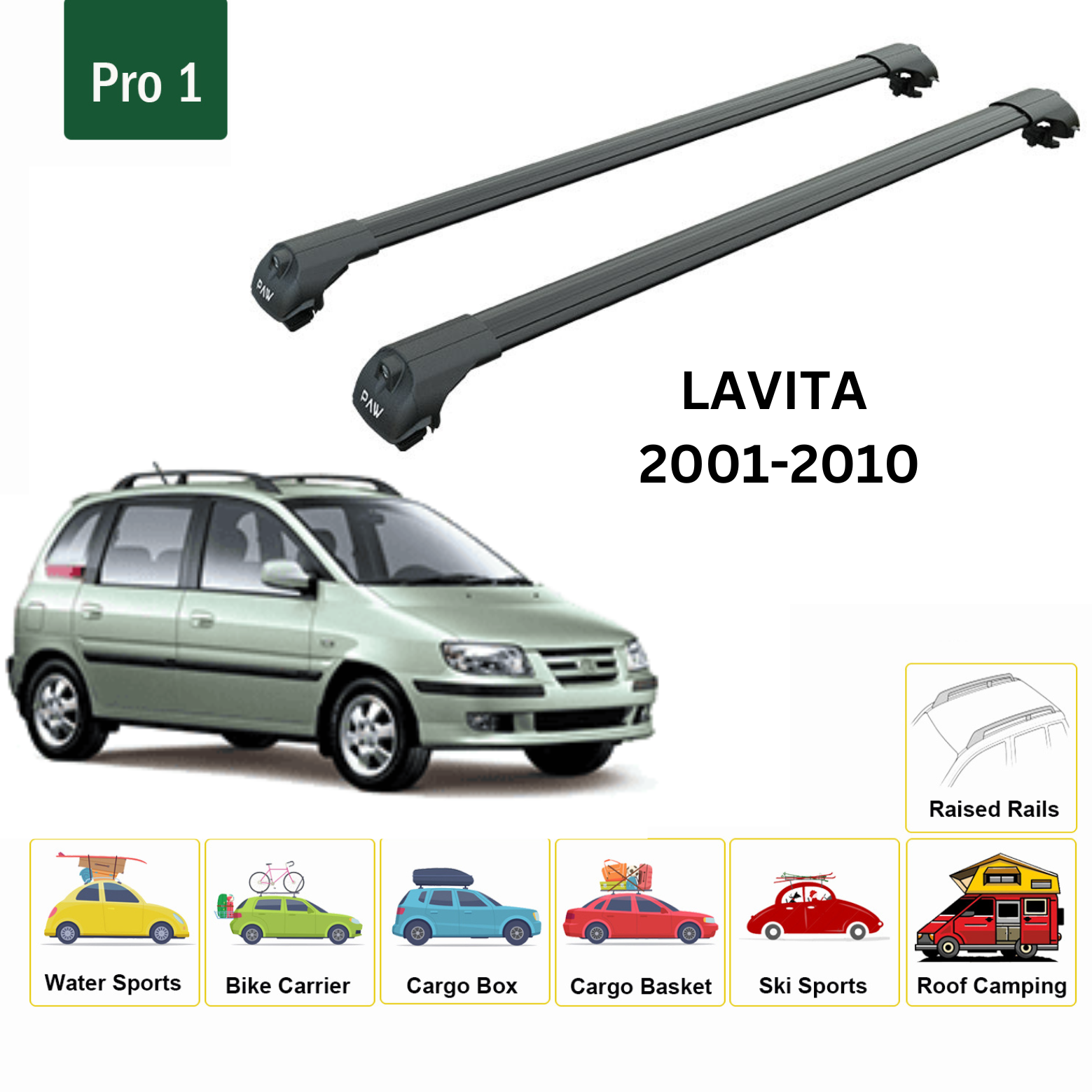 For Hyundai Lavita 2001-10 Roof Rack Cross Bars Raised Rail Alu Black - 0