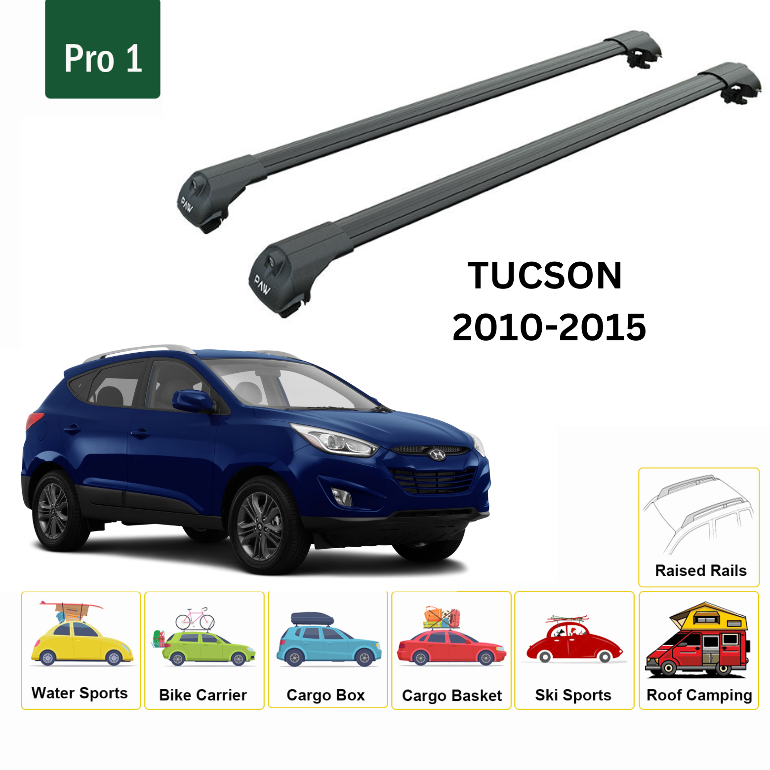 For Hyundai Tucson 2010-15 Roof Rack Cross Bars Metal Bracket Raised Rail Alu Black-2