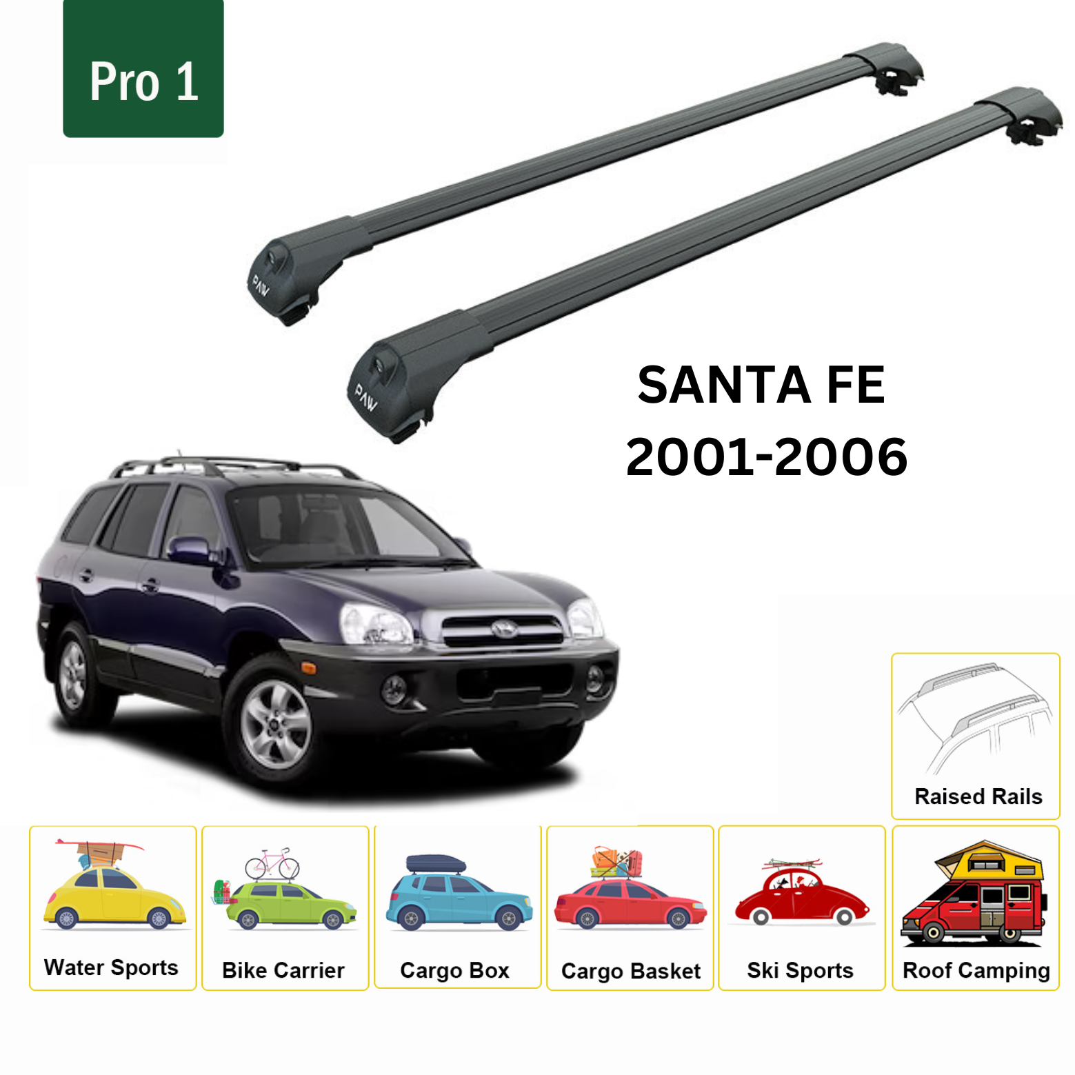For Hyundai Santa Fe (SM) 2001-06 Roof Rack Cross Bars Raised Rail Alu Black - 0
