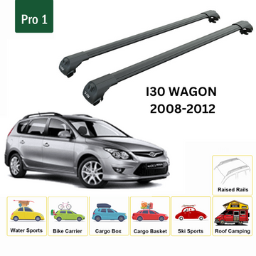 For Hyundai i30 Wagon 2008-2012 Roof Rack Cross Bars Raised Rail Alu Black - 0