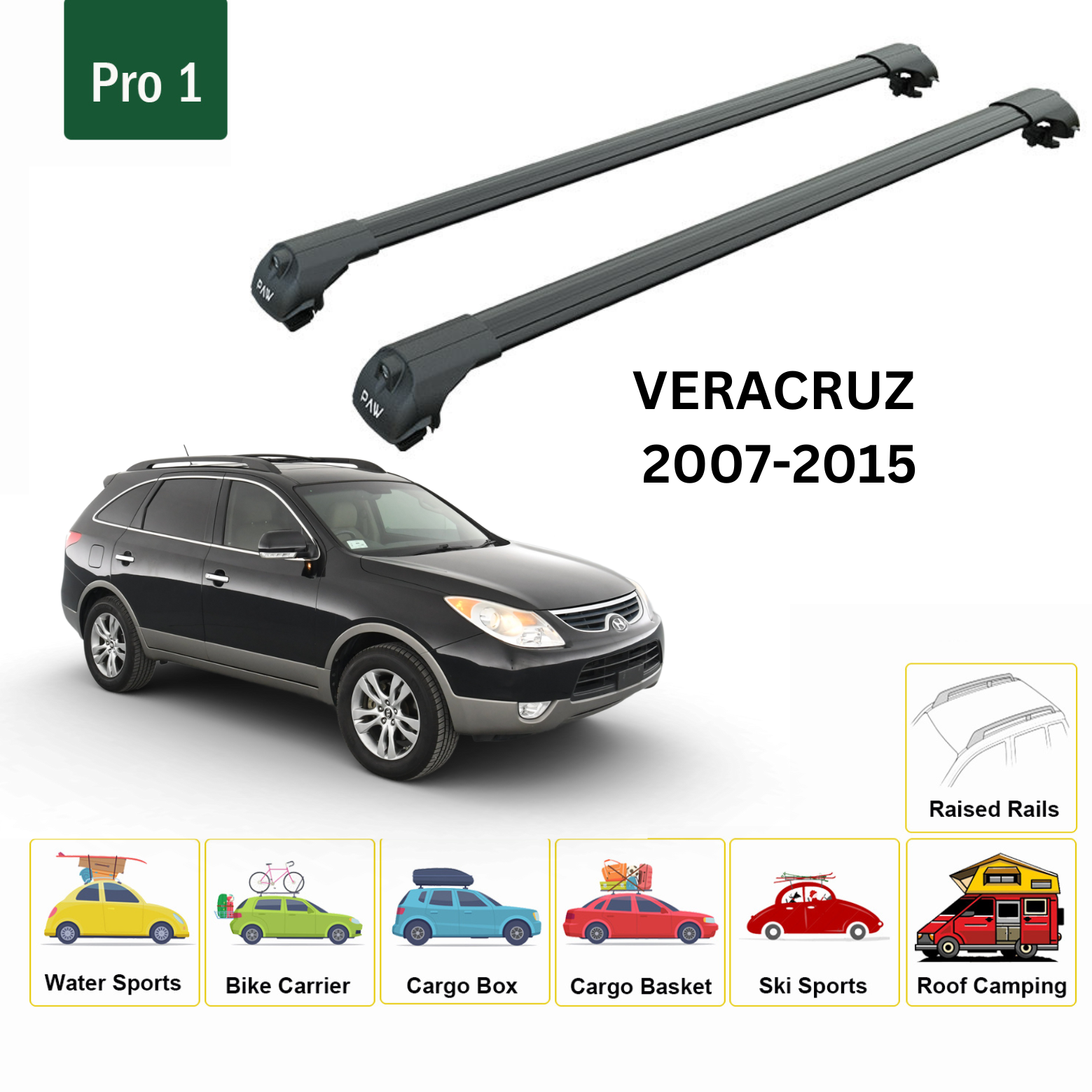 For Hyundai Veracruz 2007-15 Roof Rack Cross Bars Raised Rail Alu Black - 0