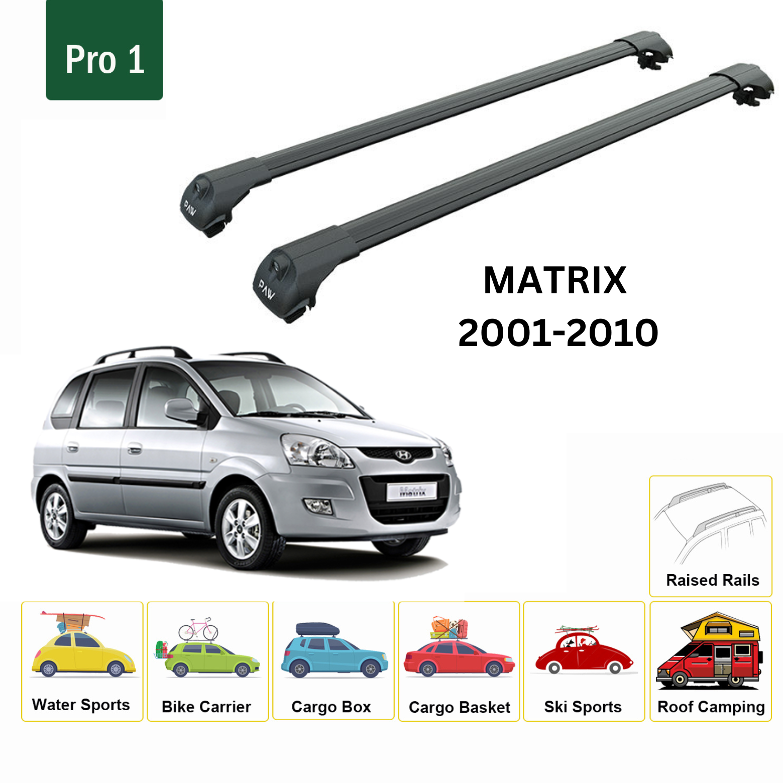 For Hyundai Matrix 2001-10 Roof Rack Cross Bars Raised Rail Alu Black - 0