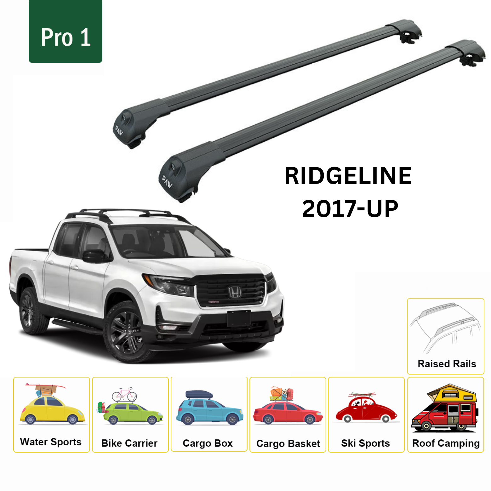 For Honda Ridgeline 2017-Up Roof Rack Cross Bars Metal Bracket Raised Rail Alu Black - 0