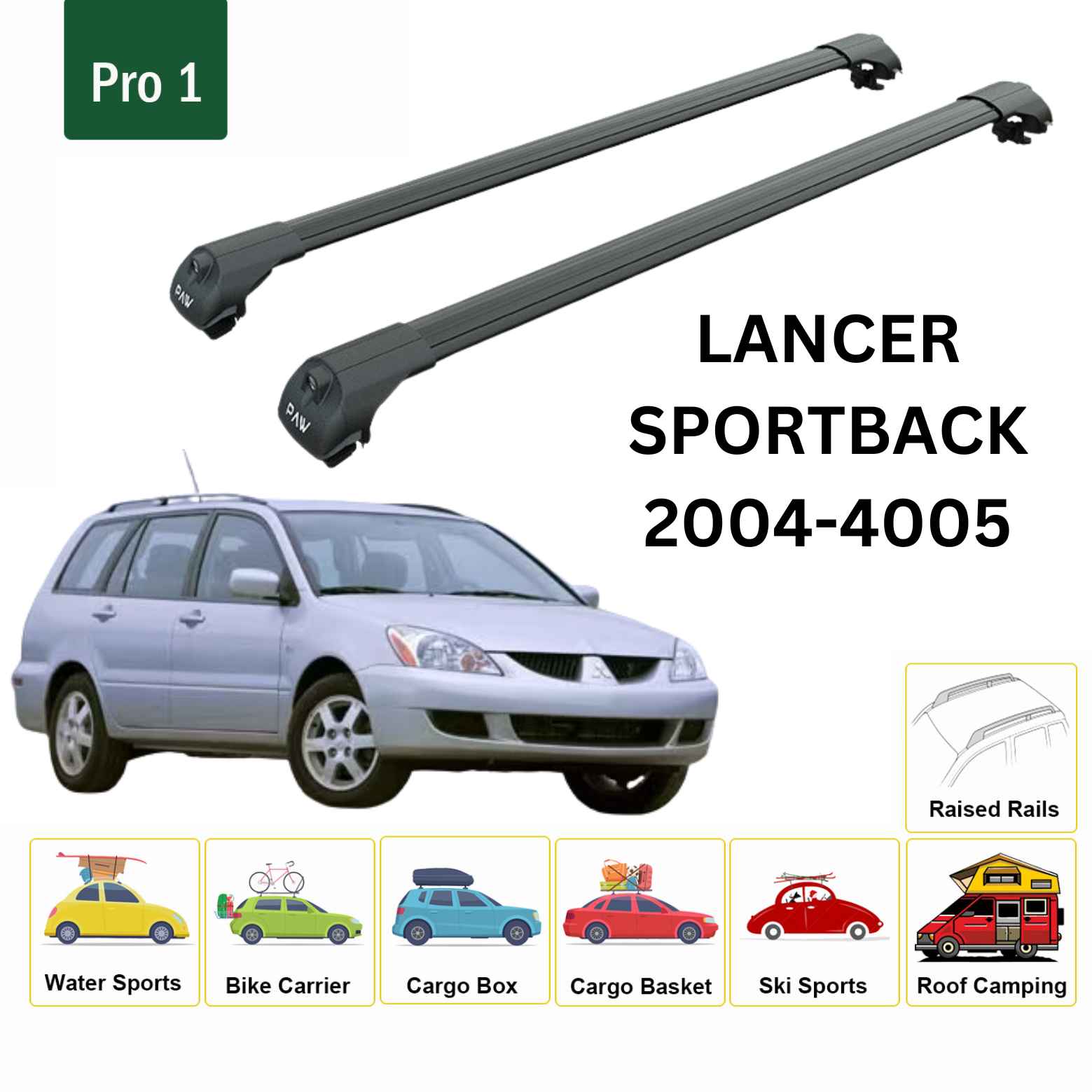 For Mitsubishi Lancer Sportback 2004-05 Roof Rack Cross Bars Raised Rail Alu Black