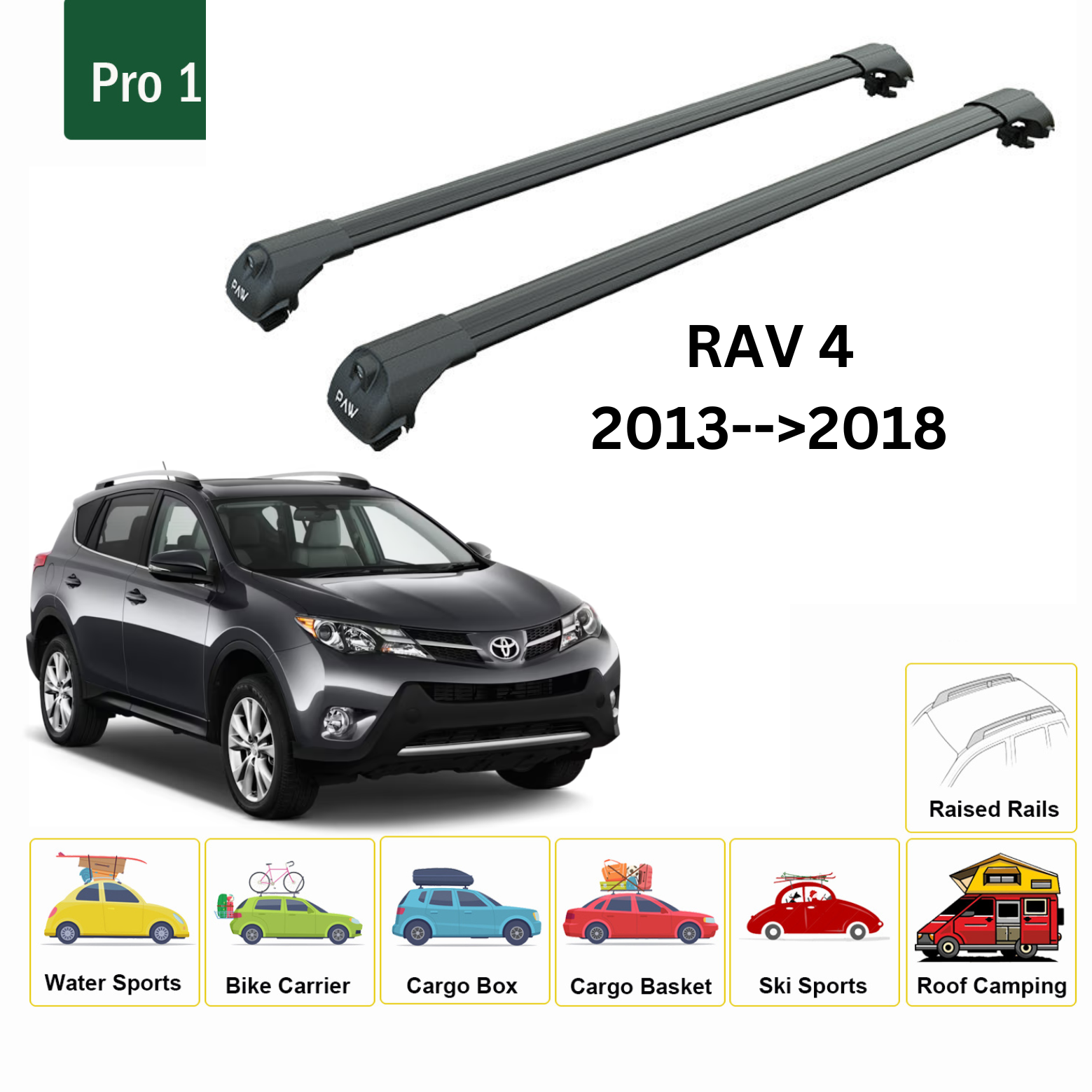 For Toyota Rav 4 2013-18 Roof Rack Cross Bars Metal Bracket Raised Rail Alu Black - 0