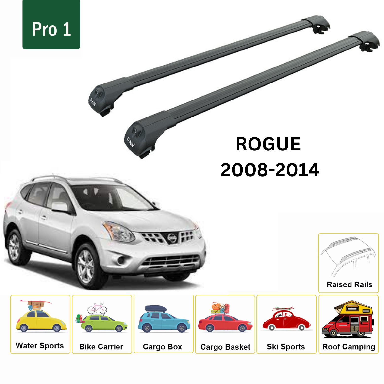 For Nissan Rogue 2008-14 Roof Rack Cross Bars Metal Bracket Raised Rail Black - 0