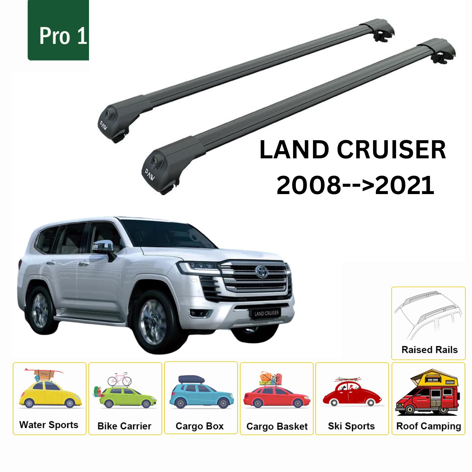 For Toyota Land Cruiser 200 Roof Rack Cross Bars Metal Bracket Raised Rail Alu Black 2008-21