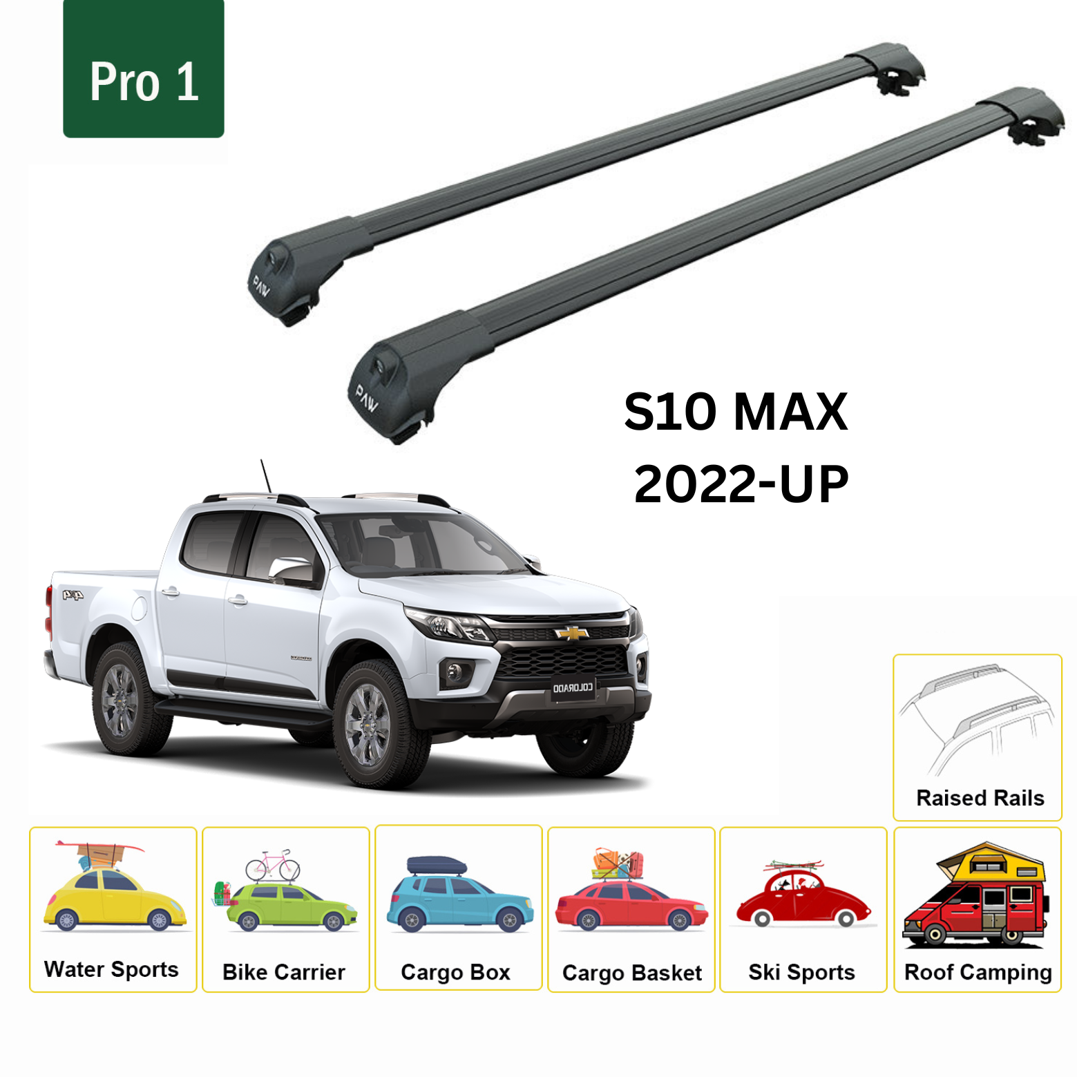 For Chevrolet S10 Max 2022-Up Roof Rack Cross Bars Metal Bracket Raised Rail Alu Black