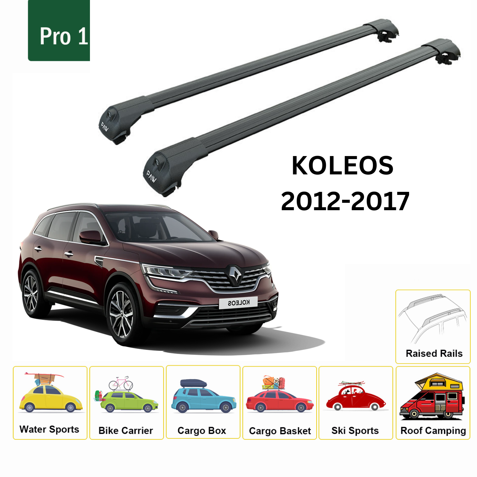 For Renault Koleos 2012-2017 Roof Rack System, Aluminium Cross Bar, Metal Bracket, Normal Roof, Black - 0
