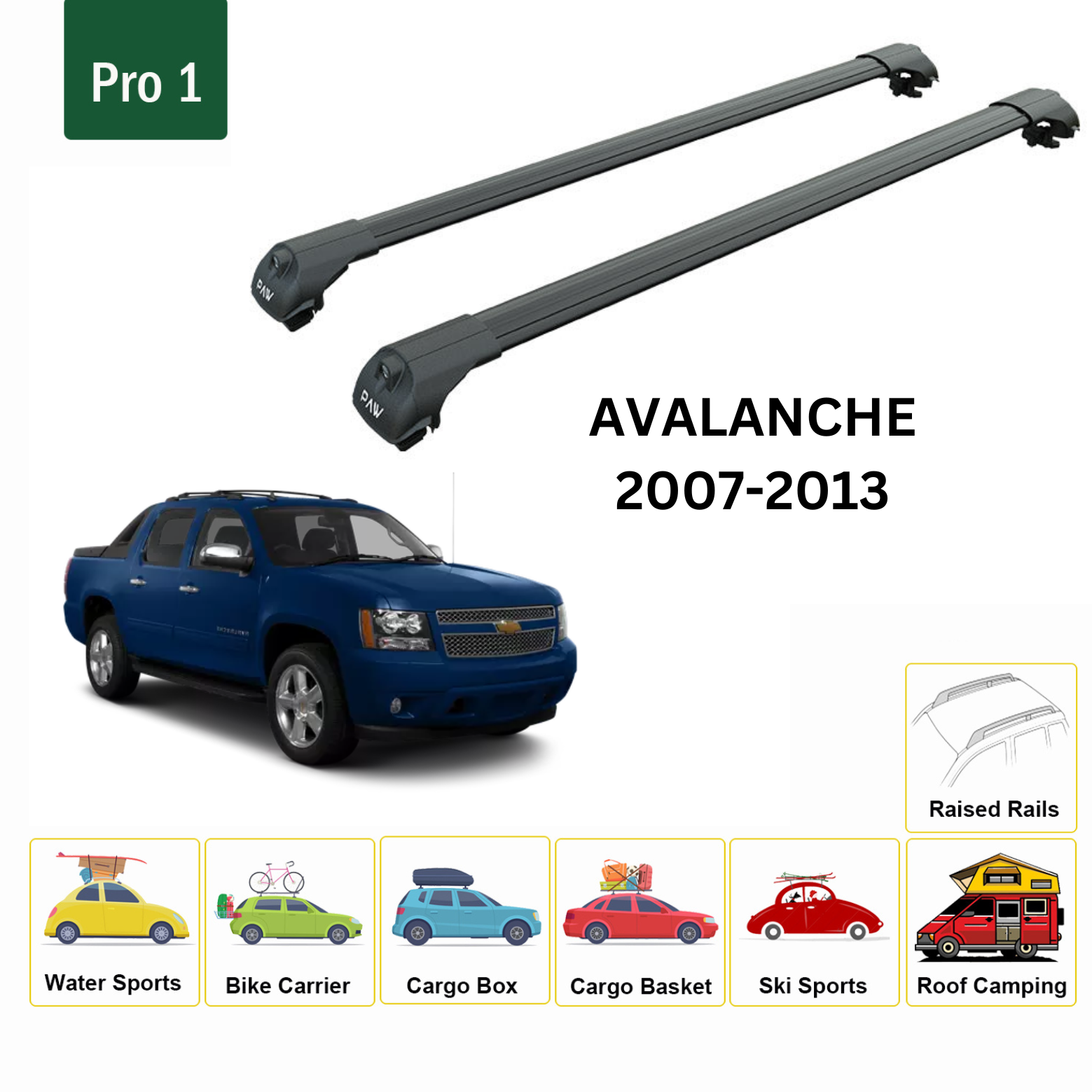 For Chevrolet Avalanche 2007-13 Roof Rack Cross Bars Metal Bracket Raised Rail Alu Black