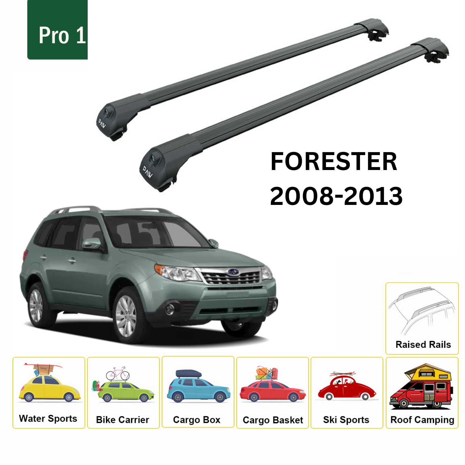 For Subaru Forester 2008-13 Roof Rack Cross Bars Metal Bracket Raised Rail Alu Silver - 0