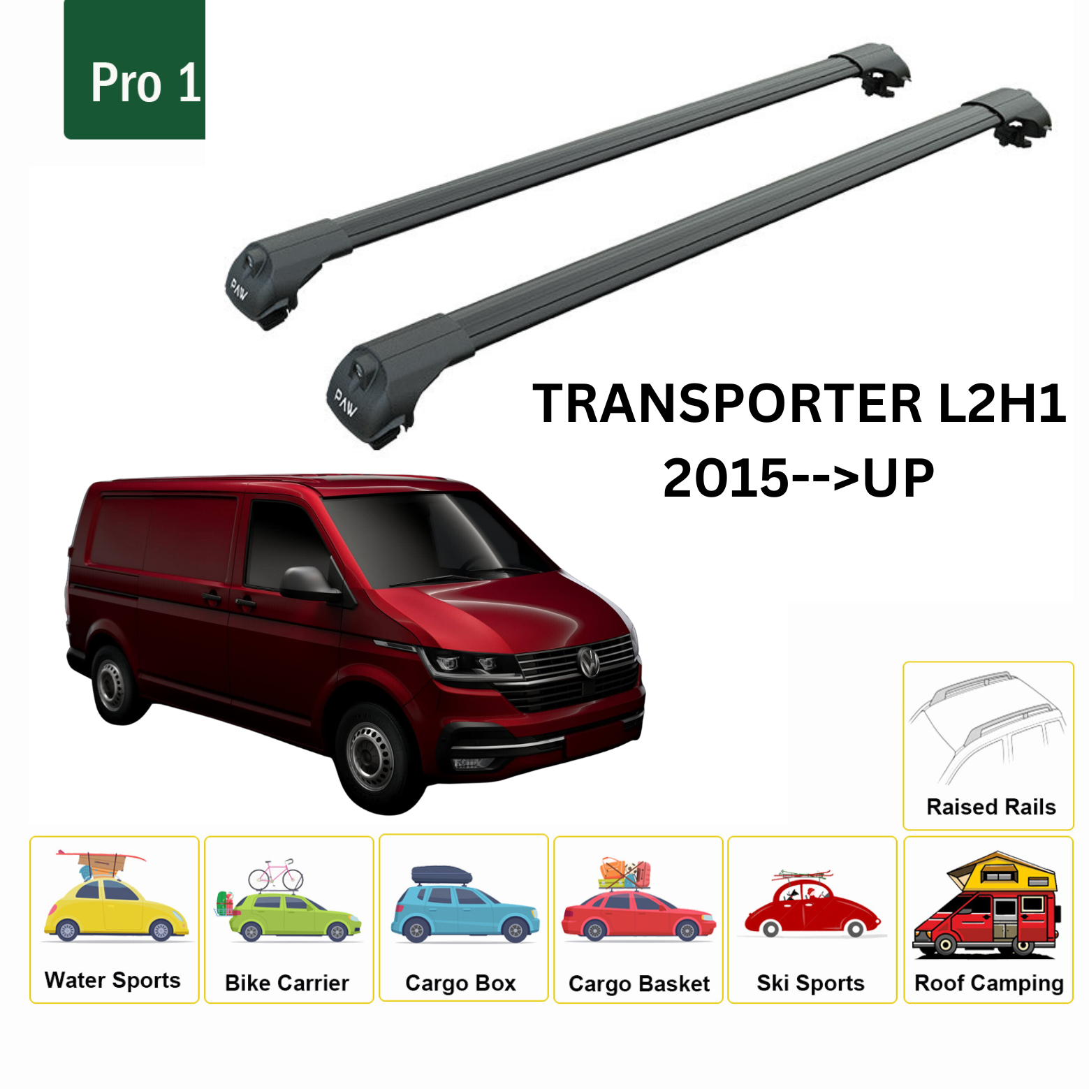 For Volkswagen Transporter T6 SWB  Roof Side Rail and Roof Rack Cross Bar Alu Black 2015-Up