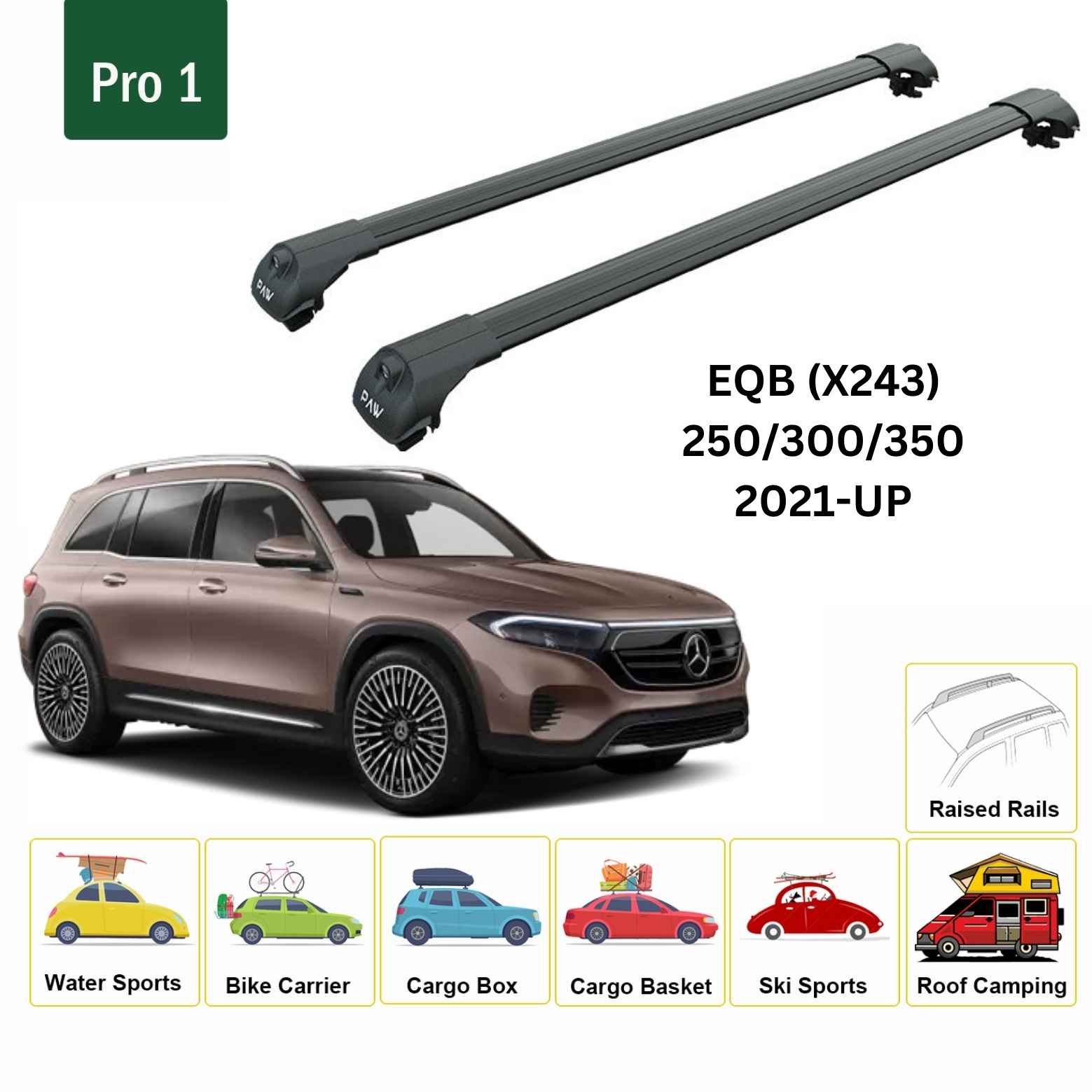 For Mercedes EQB (X243) 2021-Up Roof Rack Cross Bars Raised Rail Alu Black - 0
