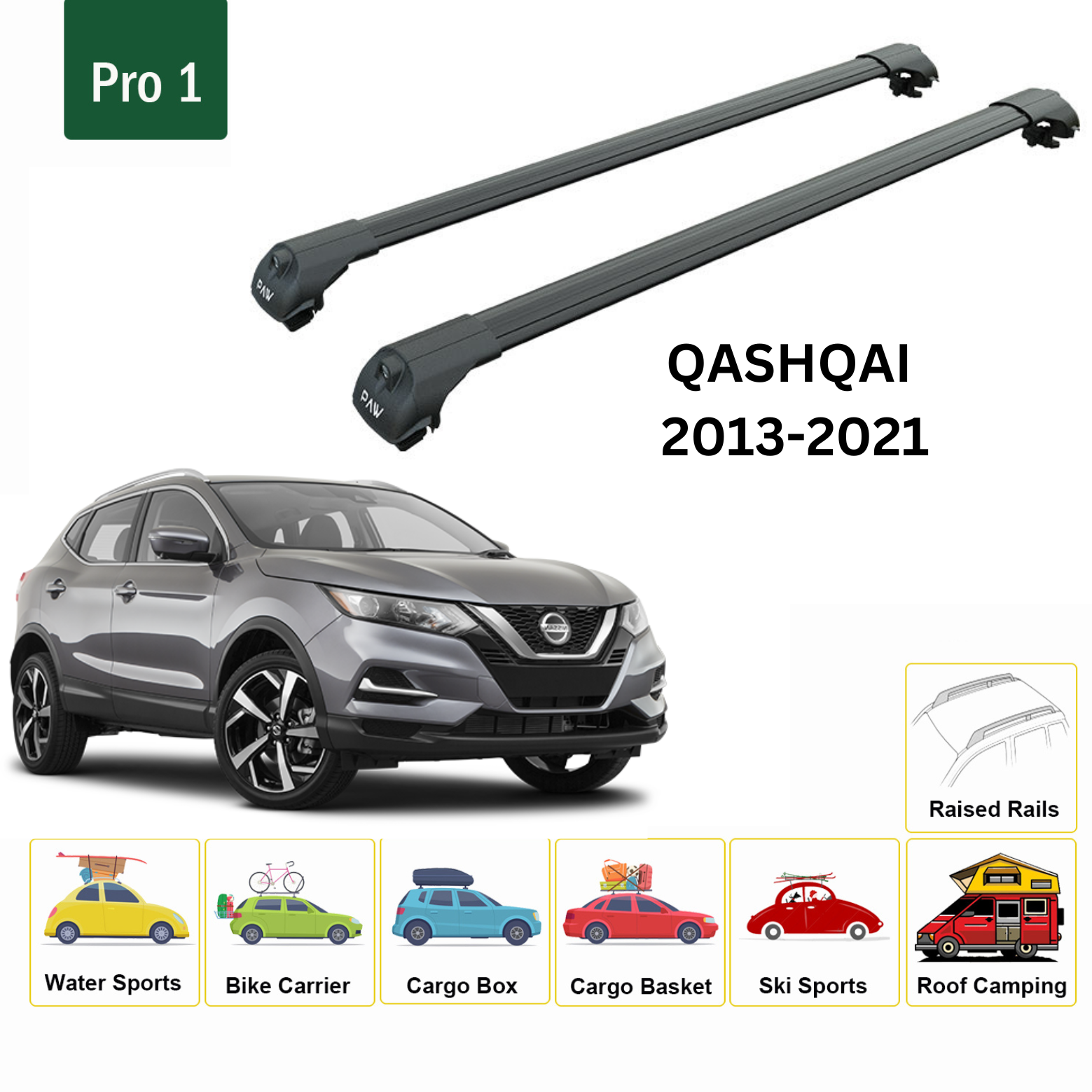 For Nissan Qashqai J11 2013-21 Roof Rack Cross Bars Metal Bracket Raised Rail Alu Black