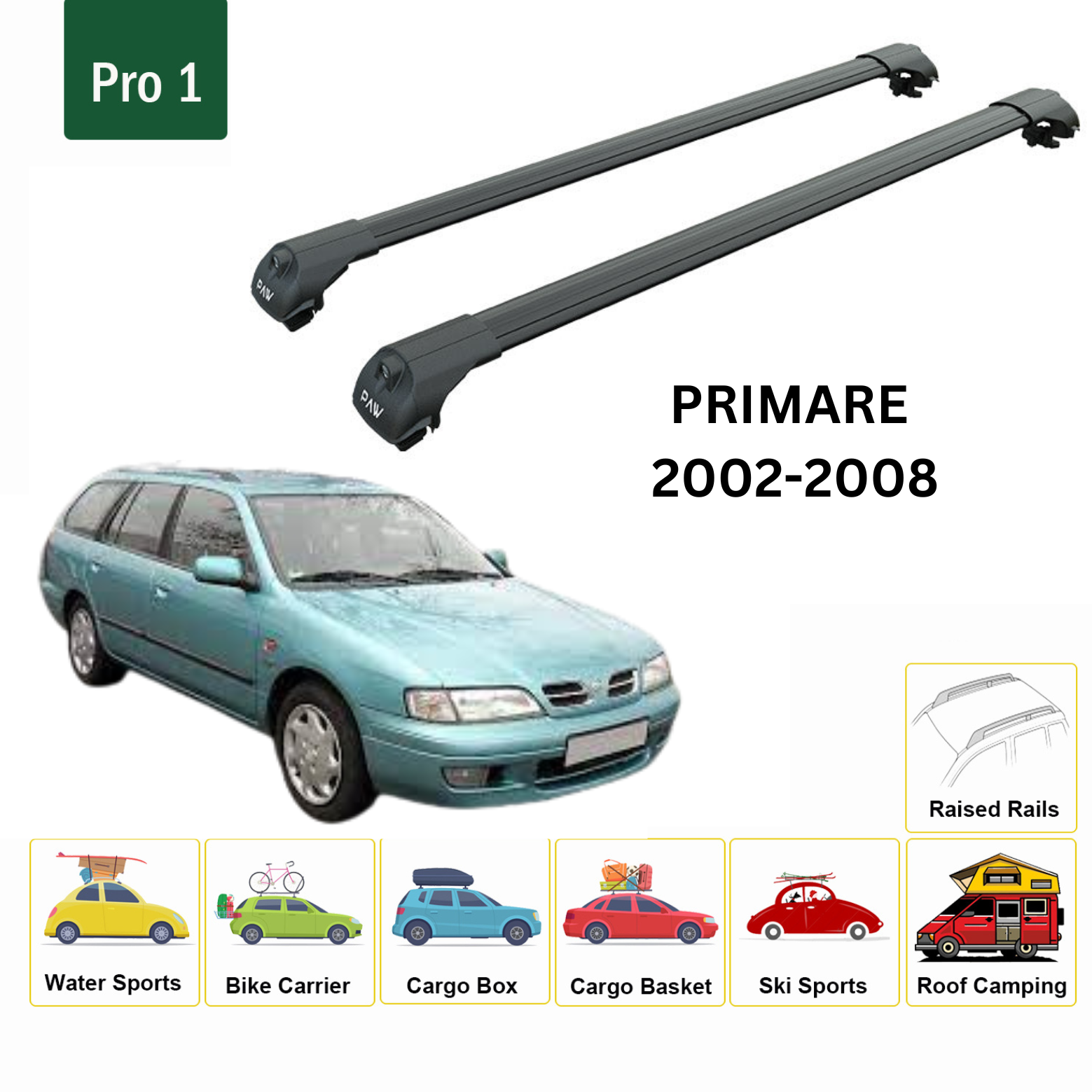 For Nissan Primera W Estate 2002-08 Roof Rack Cross Bars Metal Bracket Raised Rail Alu Black - 0