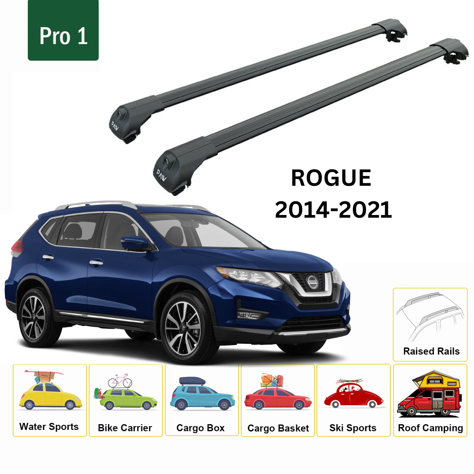 For Nissan Rogue Sport  One 2014-21 Roof Rack Cross Bars Metal Bracket Raised Rail Alu Black