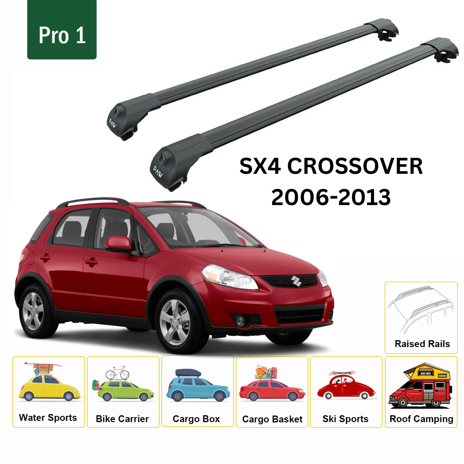 For Suzuki SX4 Crossover 2006-13 Roof Rack Cross Bars Metal Bracket Raised Rail Alu Black
