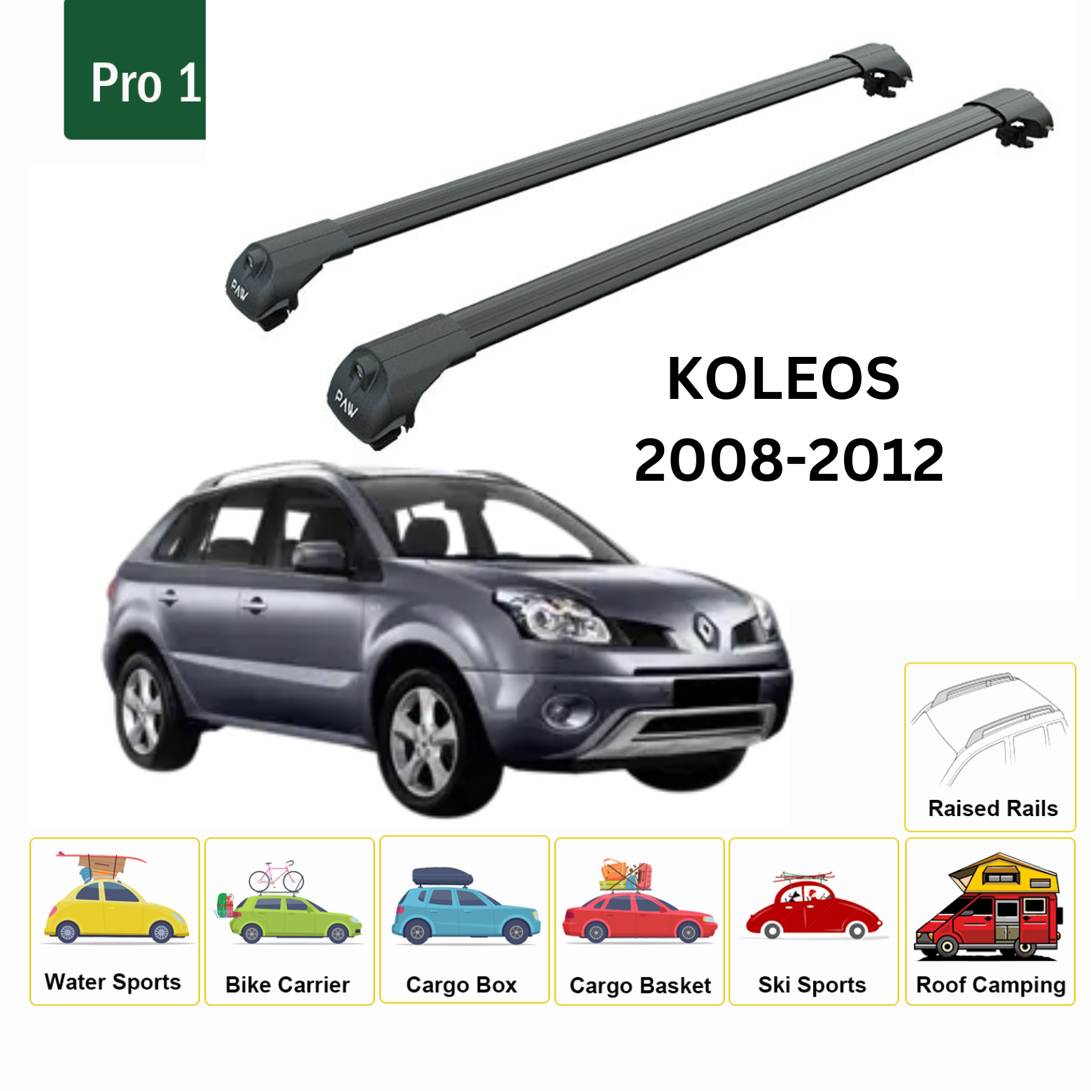 For Renault Koleos 2008-2012 Roof Rack System, Aluminium Cross Bar, Metal Bracket, Normal Roof, Black