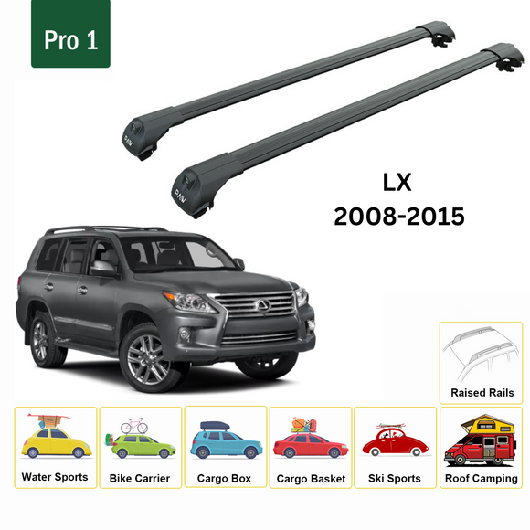 For Lexus LX 570 2008-2015 Roof Rack Cross Bars Raised Rail Alu Black